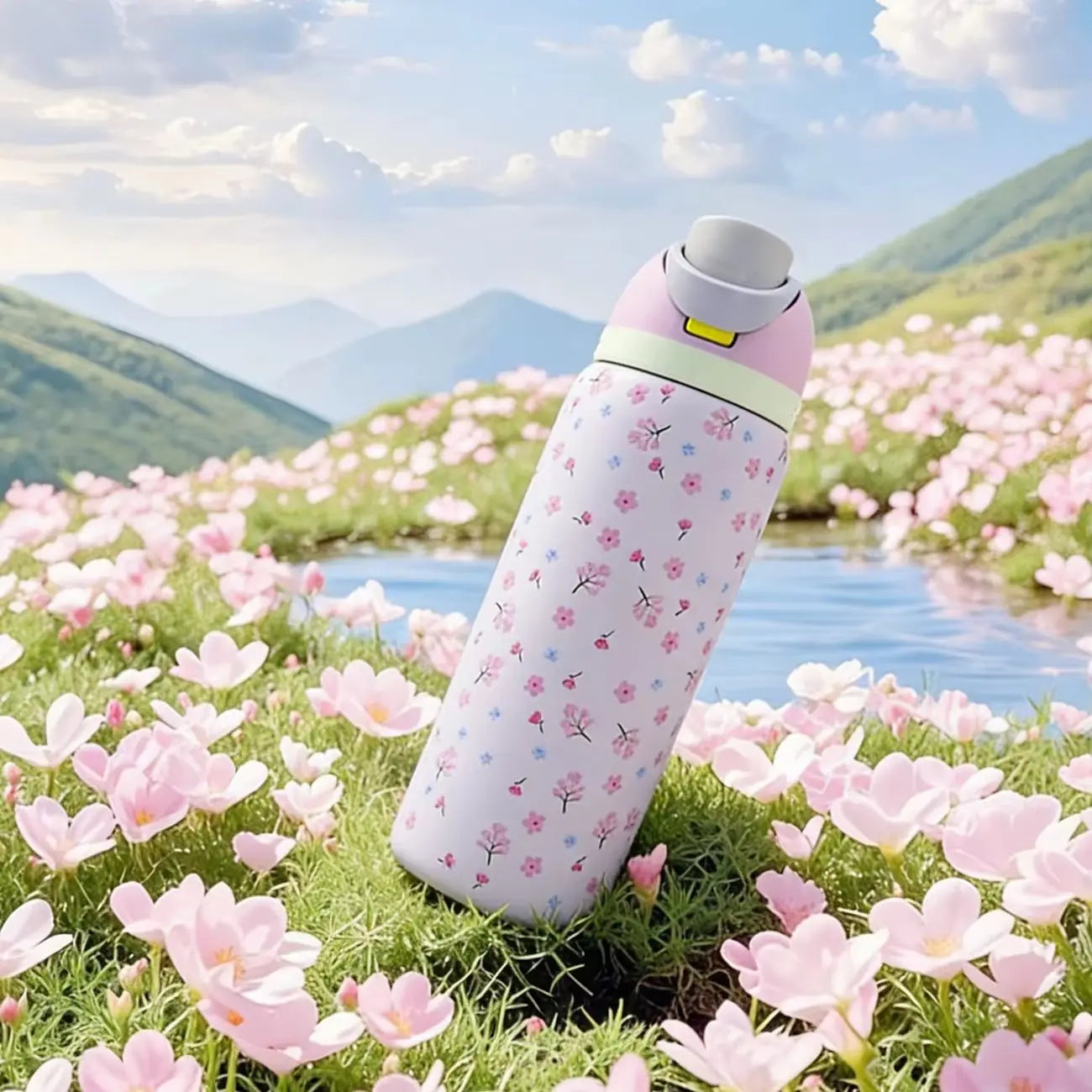 Owalaa light pink floral 32oz/945ml stainless steel insulated water bottle with straw,for daily sports outdoor,perfect gift