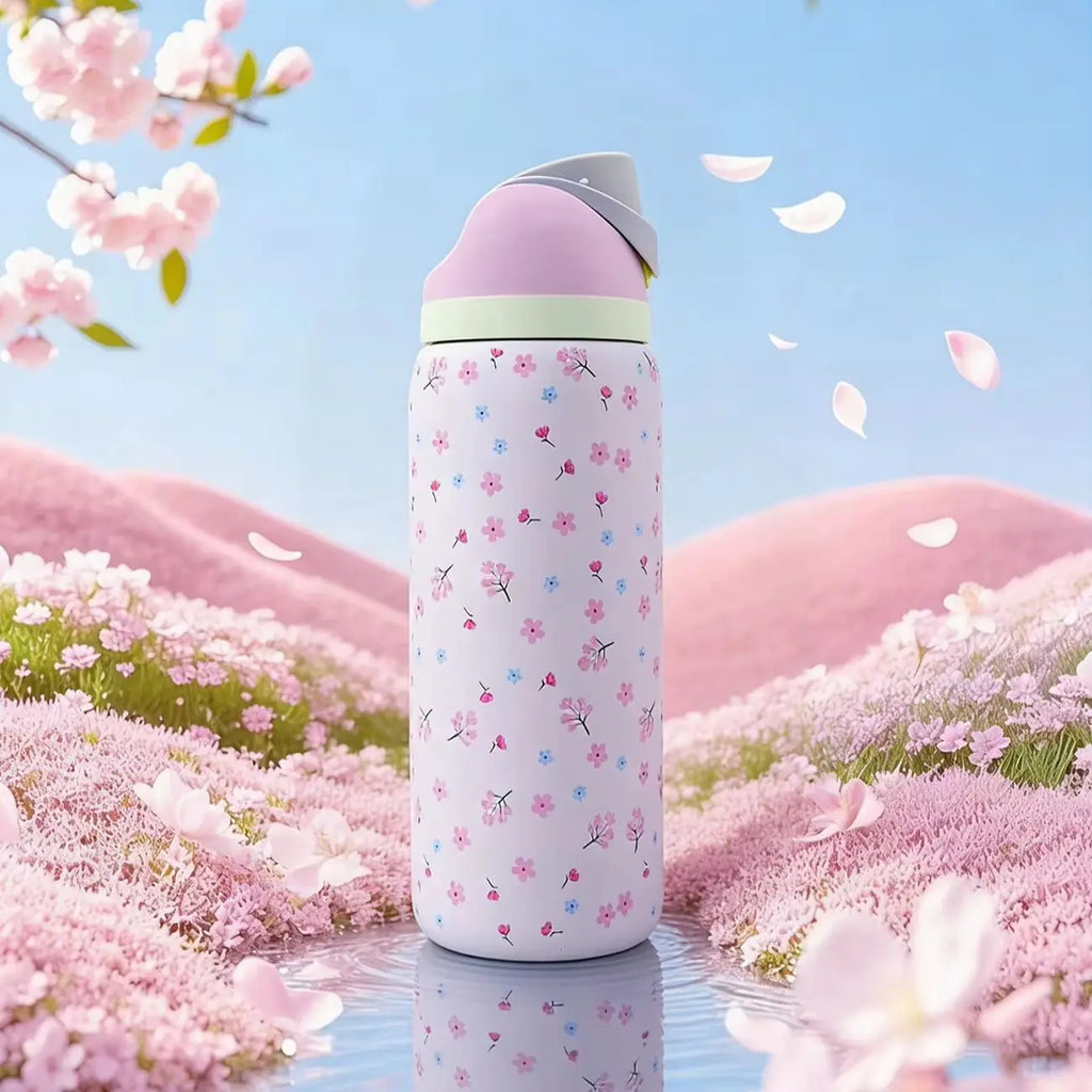 Owalaa light pink floral 32oz/945ml stainless steel insulated water bottle with straw,for daily sports outdoor,perfect gift
