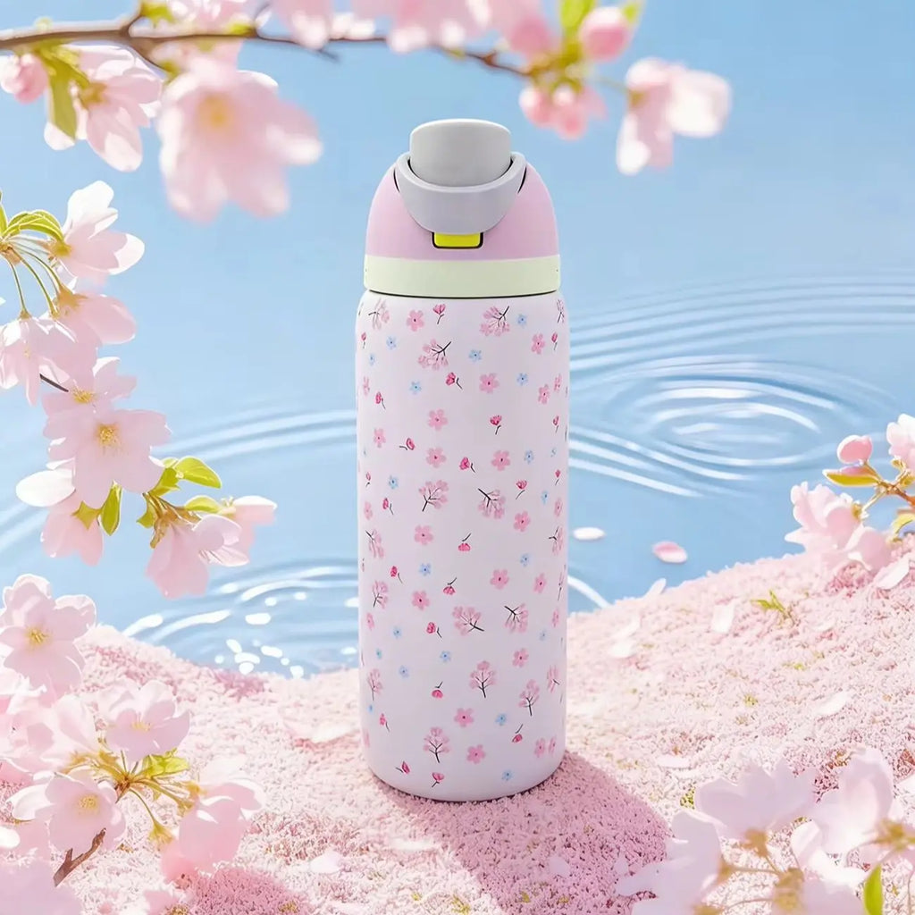 Owalaa light pink floral 32oz/945ml stainless steel insulated water bottle with straw,for daily sports outdoor,perfect gift