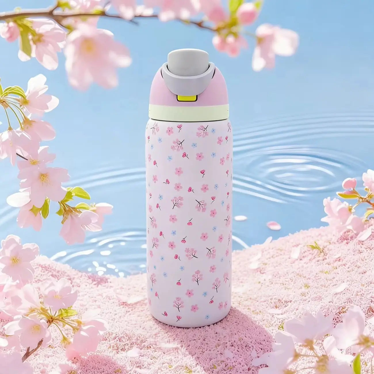 Owalaa light pink floral 32oz/945ml stainless steel insulated water bottle with straw,for daily sports outdoor,perfect gift